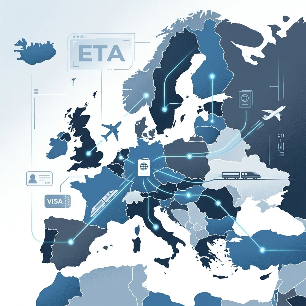 Map of Europe and UK with digital travel connections