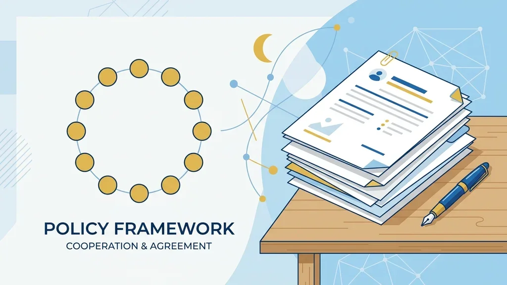 Abstract circular pattern and document stack suggesting policy paperwork.