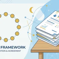 Abstract circular pattern and document stack suggesting policy paperwork.