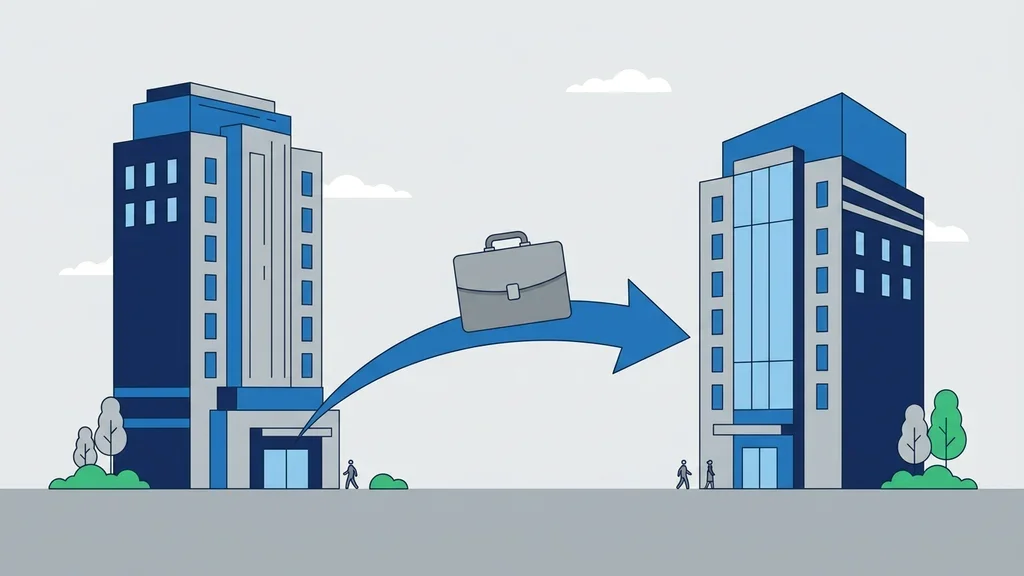 Abstract briefcase and buildings with a connecting arrow, suggesting secondment between organisations.