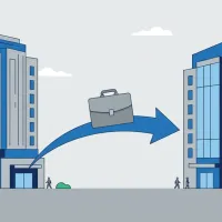 Abstract briefcase and buildings with a connecting arrow, suggesting secondment between organisations.