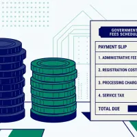 Abstract stacked coins and receipt shapes in emerald and navy, suggesting an official fee schedule.