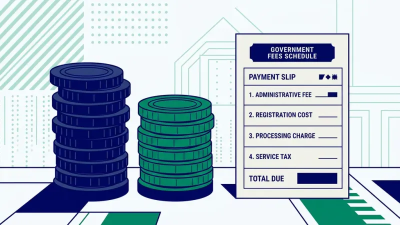 Abstract stacked coins and receipt shapes in emerald and navy, suggesting an official fee schedule.