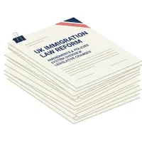 Abstract illustration of stacked legal documents with a restrained blue and red accent, suggesting UK immigration rules reform.