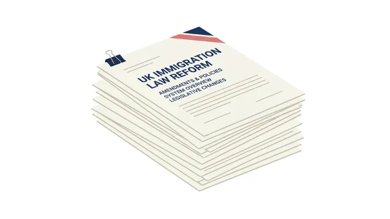 Abstract illustration of stacked legal documents with a restrained blue and red accent, suggesting UK immigration rules reform.