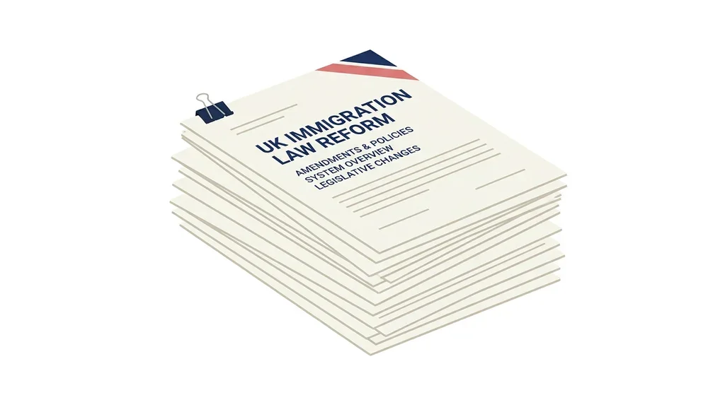 Abstract illustration of stacked legal documents with a restrained blue and red accent, suggesting UK immigration rules reform.