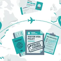 Abstract travel and map-pin motif in teal and grey, suggesting visitor visa policy.