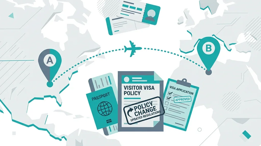 Abstract travel and map-pin motif in teal and grey, suggesting visitor visa policy.