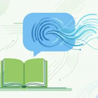 Abstract language-learning motif with book and speech waves in green and blue.