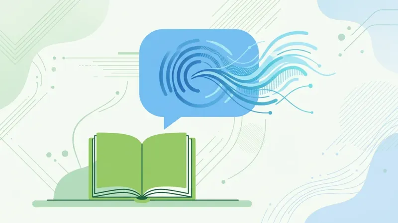Abstract language-learning motif with book and speech waves in green and blue.