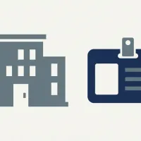 Abstract institutional building and ID badge shapes in grey and navy.