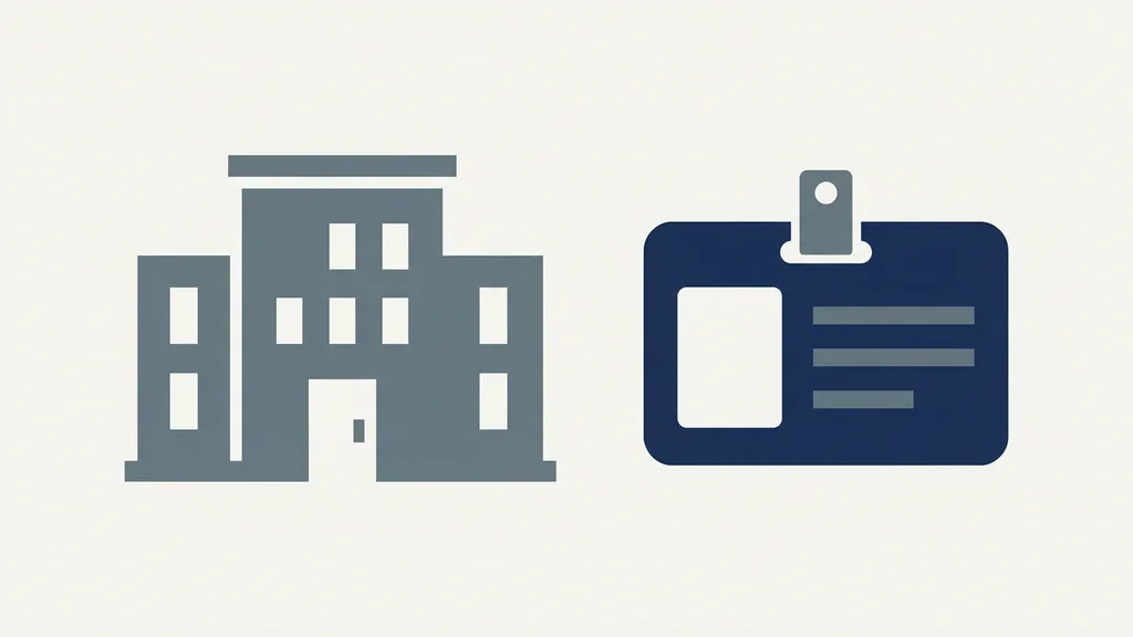 Abstract institutional building and ID badge shapes in grey and navy.