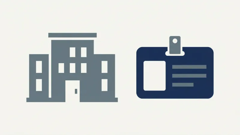Abstract institutional building and ID badge shapes in grey and navy.