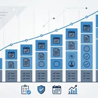 Abstract illustration of a payslip grid and a gentle upward curve, suggesting payroll and salary compliance.