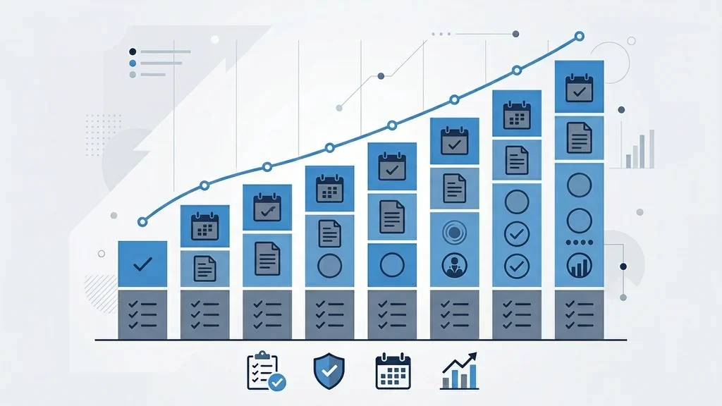 Abstract illustration of a payslip grid and a gentle upward curve, suggesting payroll and salary compliance.