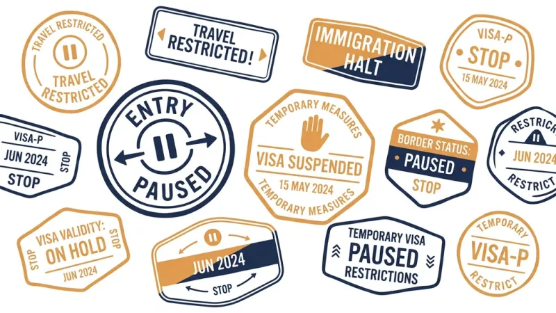 Abstract illustration suggesting a pause on travel documents, in navy and amber tones.