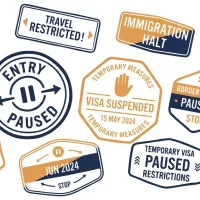 Abstract illustration suggesting a pause on travel documents, in navy and amber tones.