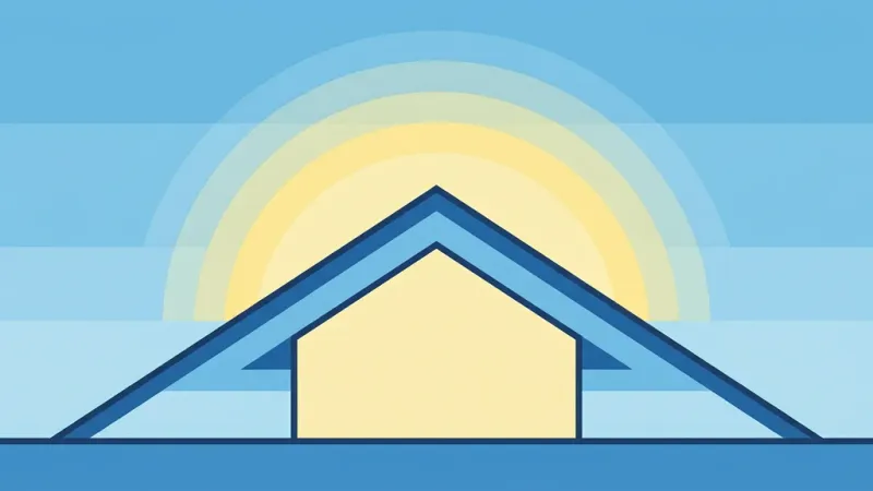 Abstract roofline and sunrise arc in blue and soft yellow, suggesting extended permission to stay.