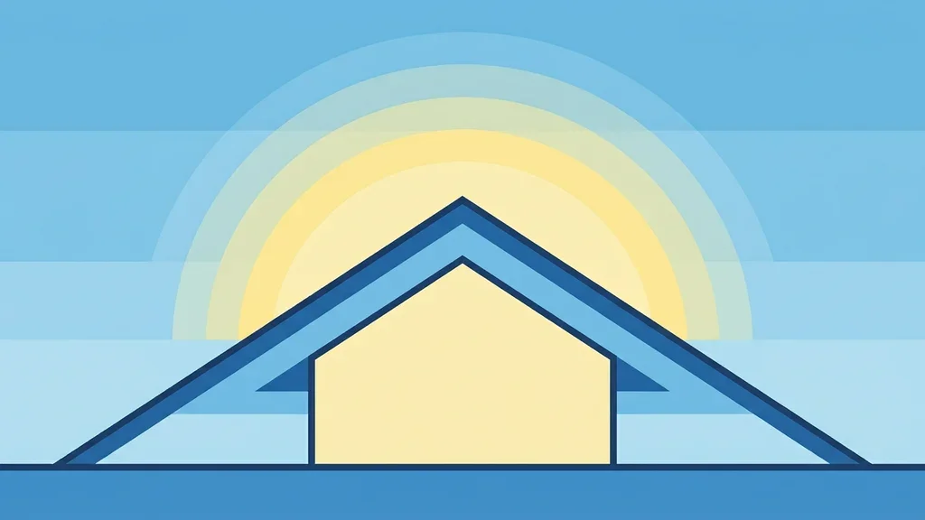 Abstract roofline and sunrise arc in blue and soft yellow, suggesting extended permission to stay.