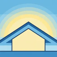Abstract roofline and sunrise arc in blue and soft yellow, suggesting extended permission to stay.