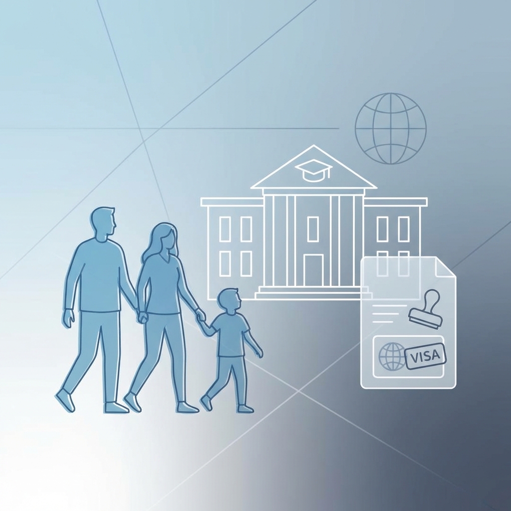 Family silhouette and student visa document illustration